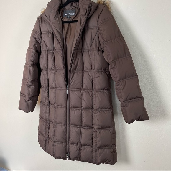 Weatherproof brown long puffer jacket with hood - Picture 7 of 12